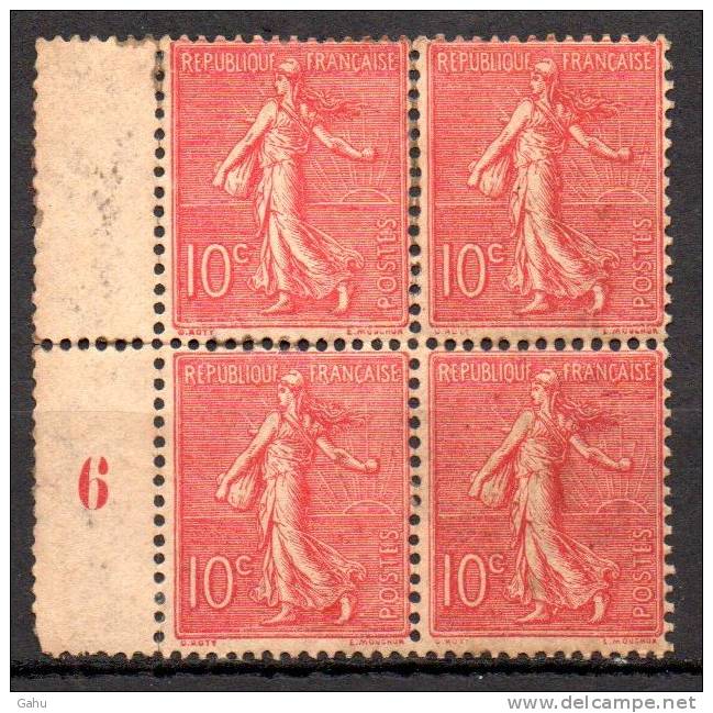 France ; 1903/24 ; Mth; N°Y:129c(rose Foncé) ;neuf Sans Charnière;gomme Altérée; Bloc De 4; Cote** : 160.00e. - 1903-60 Sower - Ligned