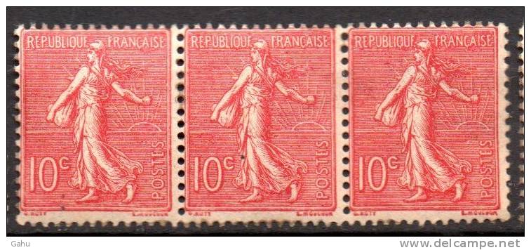 France ; 1903/24 ; Mth; N°Y:129c(rose Foncé) ;neuf* ; Gomme Mate ;bande De 3; Cote** : 120.00e. - 1903-60 Semeuse Lignée