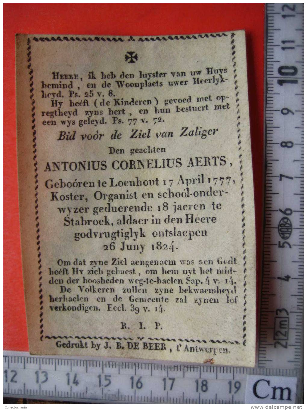 Antonius Cornelius AERTS - Geboren LOENHOUT 1777 + 1824 Stabroek - Andachtsbilder