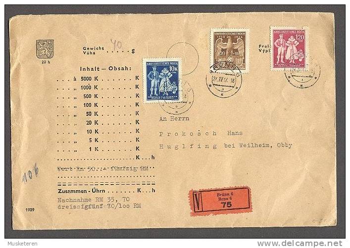 Germany Occupation Böhmen Und Mähren 1944 Money Wert Nachname Label Cover To Huglfing (2 Scans) - Lettres & Documents