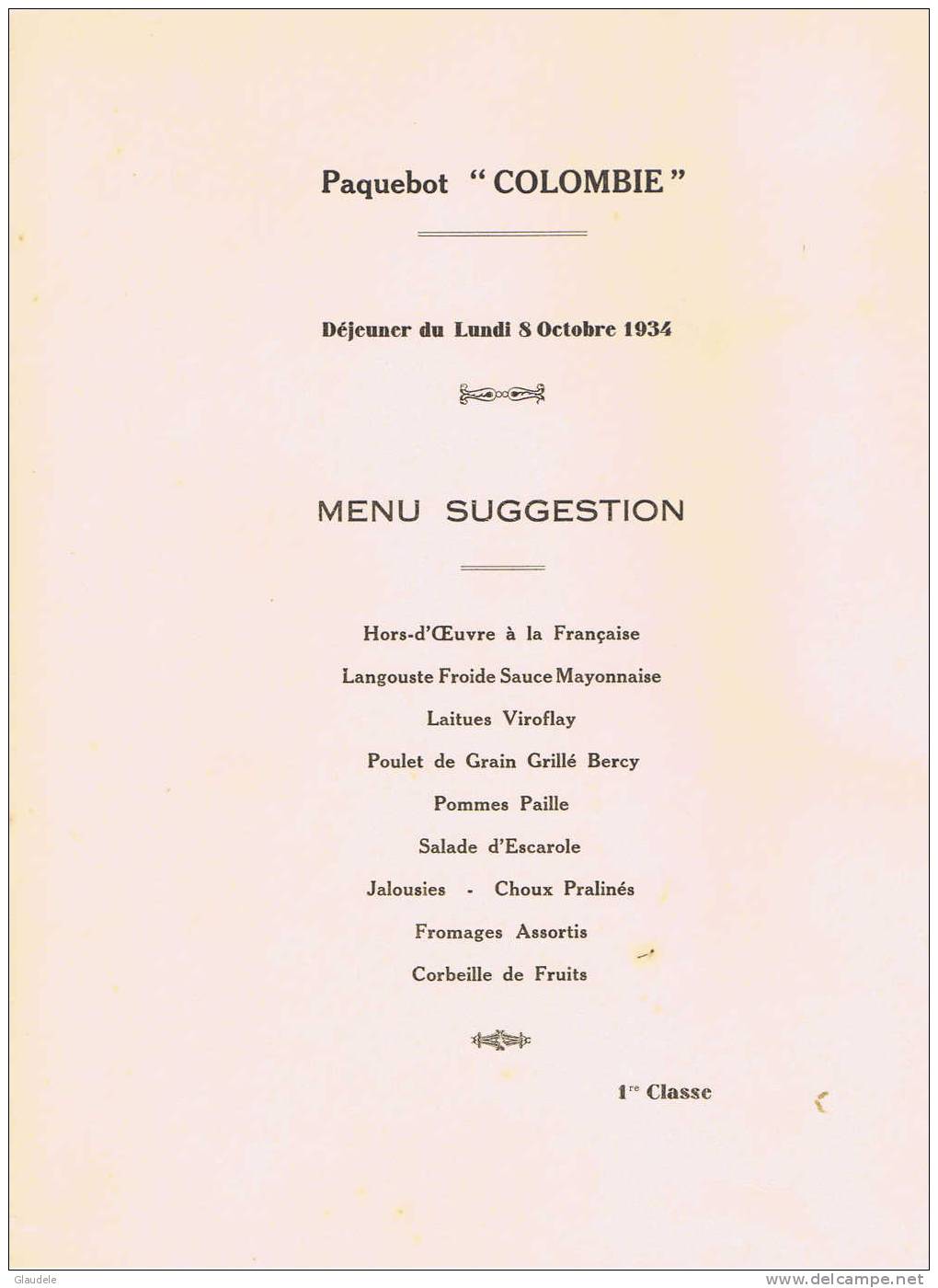 Menu: Cie Gle Transatlique French Lines1934 - Menu