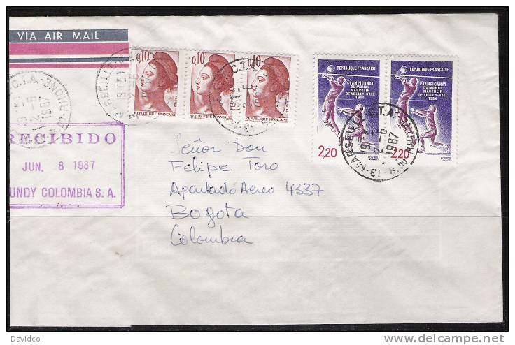 S800.-.FRANCE - 1987 .-. VOLLEYBALL / BALONMANO .-. CIRCULATED COVER TO BOGOTA-COLOMBIA. - Volley-Ball