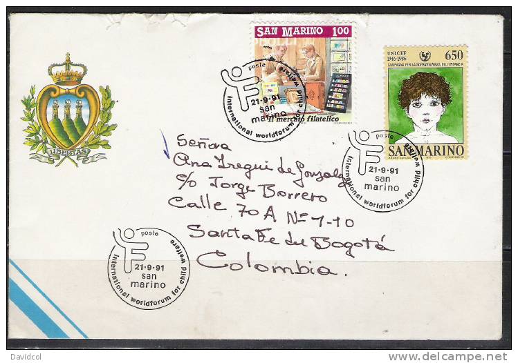 S806.-.SAN MARINO- 1991- " IL MERCATO FILATELICO"  CIRCULATED COVER TO BOGOTA-COLOMBIA. - Timbres De Distributeurs [ATM]