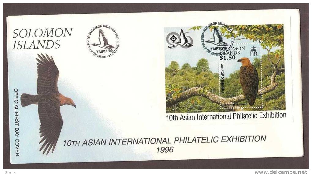 Solomon Islands 1996, Asian Philatelic Exhibition, Birds, Tree, MS On FDC 21-10-1996 - Esposizioni Filateliche
