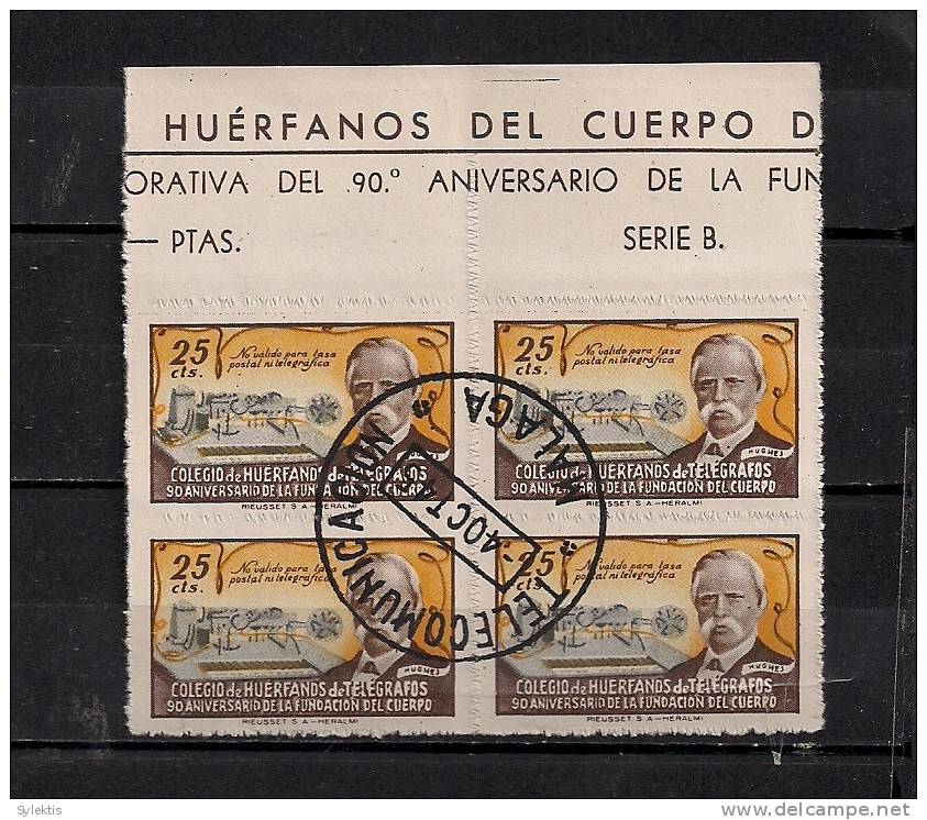 SPAIN 1945 HUERFANOS DE TELEGRAFOS MALAGA BL4 #1 - Télégraphe