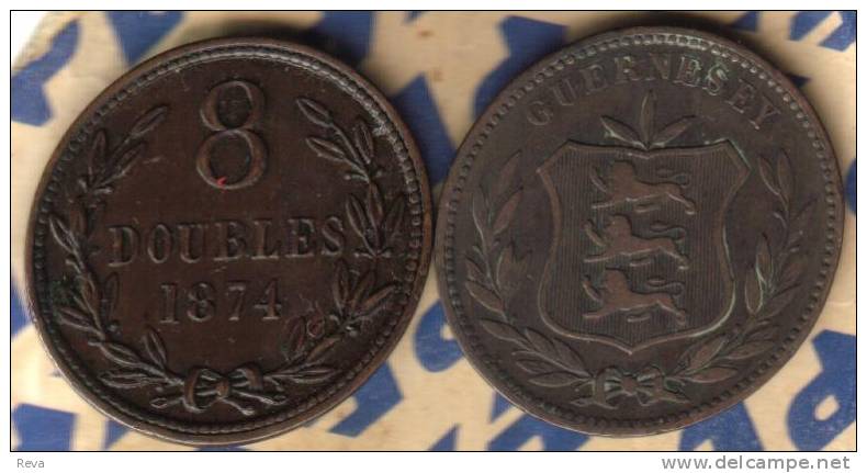 GUERNSEY 8 DOUBLES LEAVES FRONT SHIELD BACK  1874 EF+ KM4(?)  READ DESCRIPTION CAREFULLY !!! - Guernsey