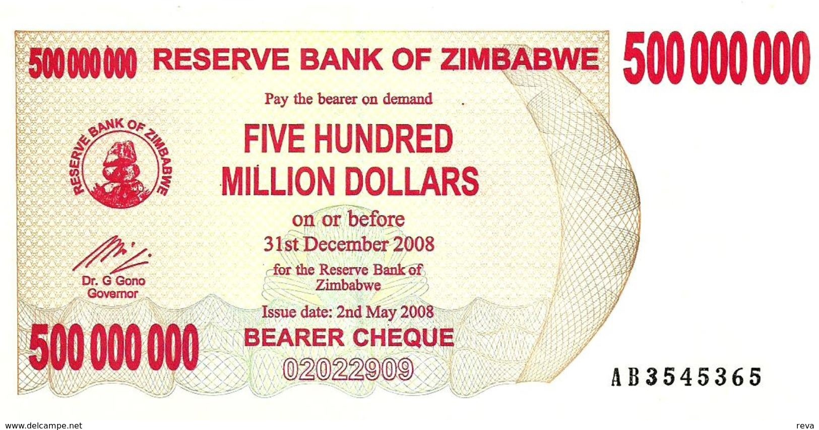 ZIMBABWE $500 MILLION BEARER CHEQUE RED MOTIF FRONT DATED 02-05-2008-ED31-12-2008 READ DESCRIPTION CAREFULLY !!! - Zimbabwe