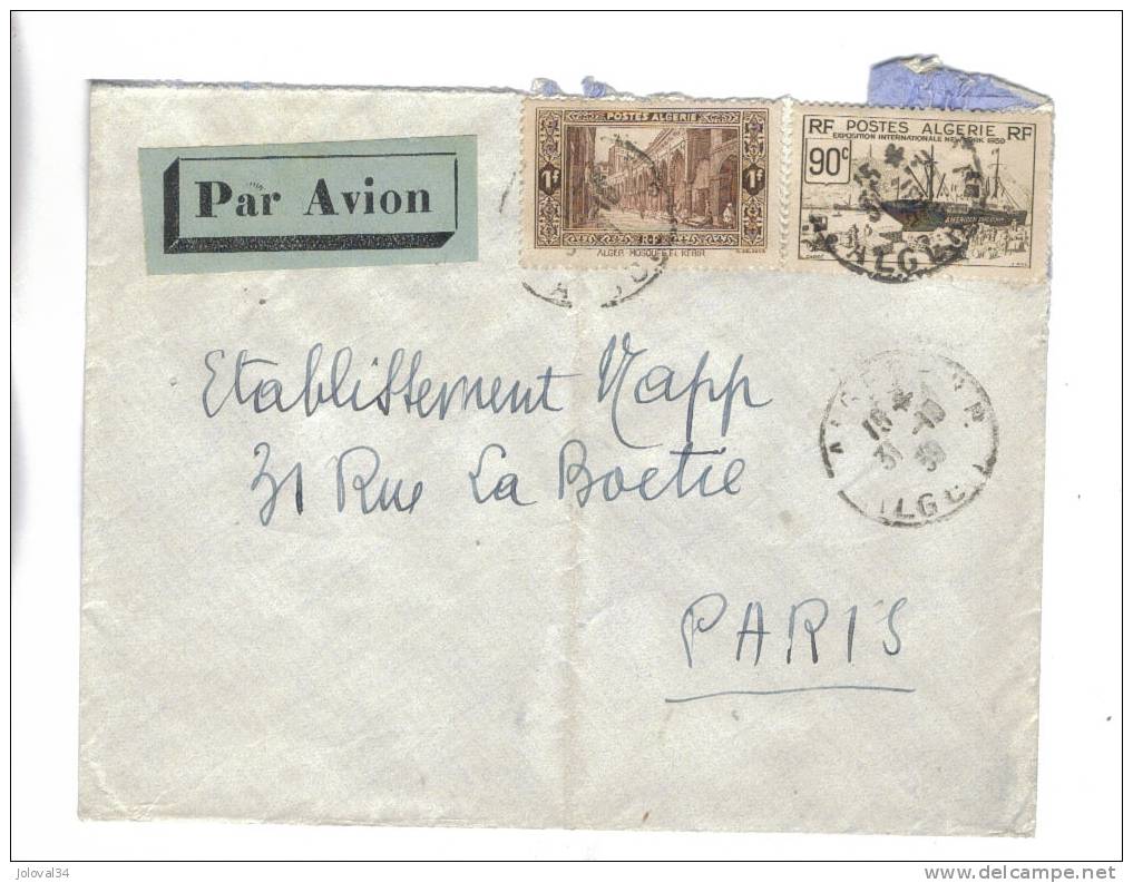 Sur Lettre Cachet  ALGER R P 31/10/1939  - Par Avion - Lettres & Documents