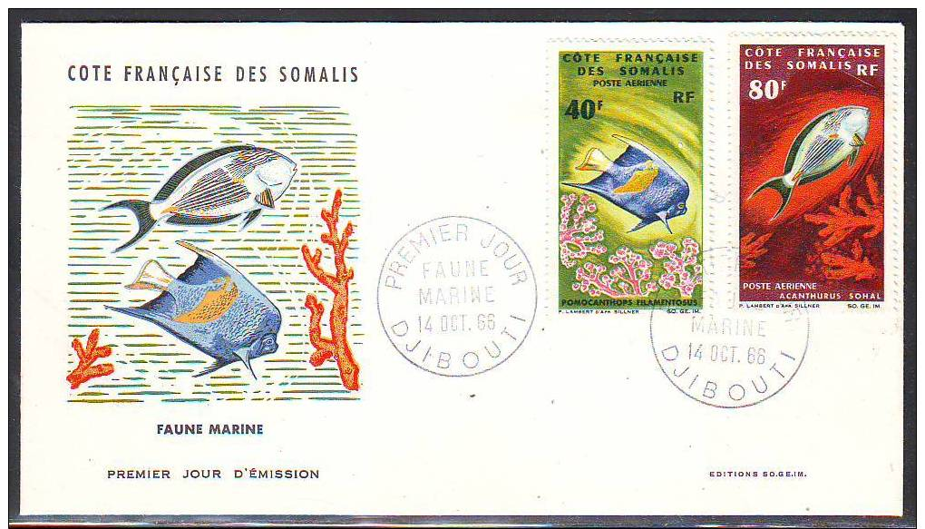 FISH - SOMALIA - 1966 SET OF 2 ON FIRST DAY COVER - Vie Marine