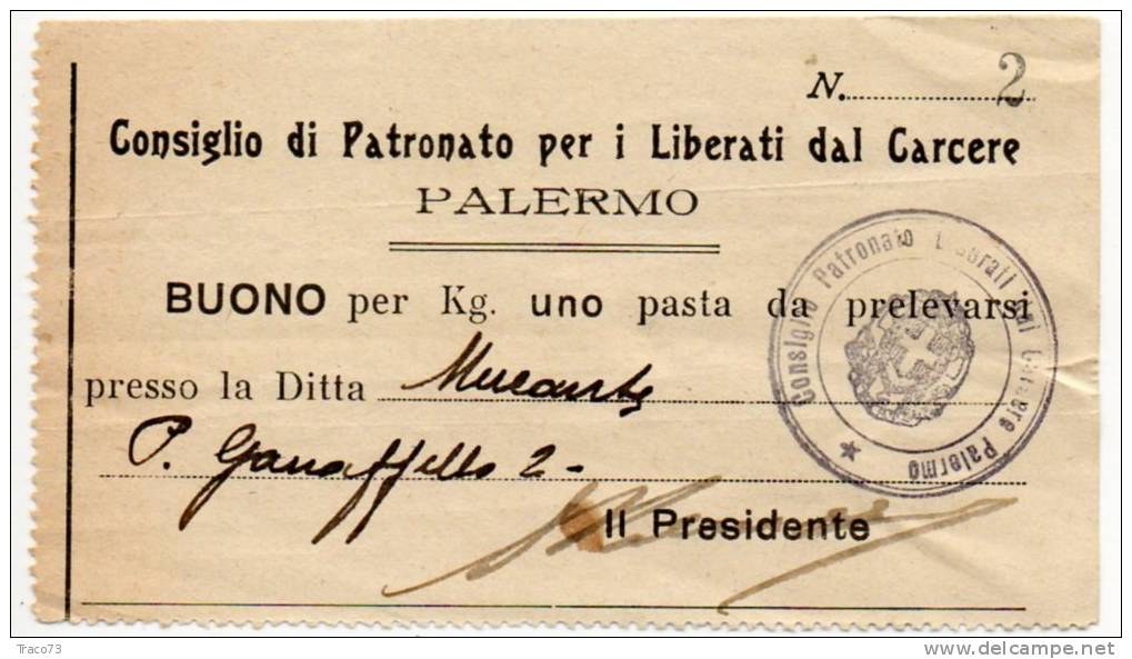 BUONO / Fascista  - Palermo  - Consiglio Di Patronato Per I Liberati Dal Carcere - Kg. 1 Di Pasta - Sonstige & Ohne Zuordnung