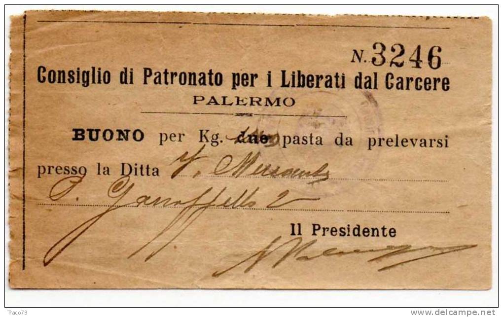 BUONO / Fascista  - Palermo  - Cons. Di Patr. Per I Liber. Dal Carcere - Kg. 2 Di Pasta Sovrascritto  "Uno" - Altri & Non Classificati