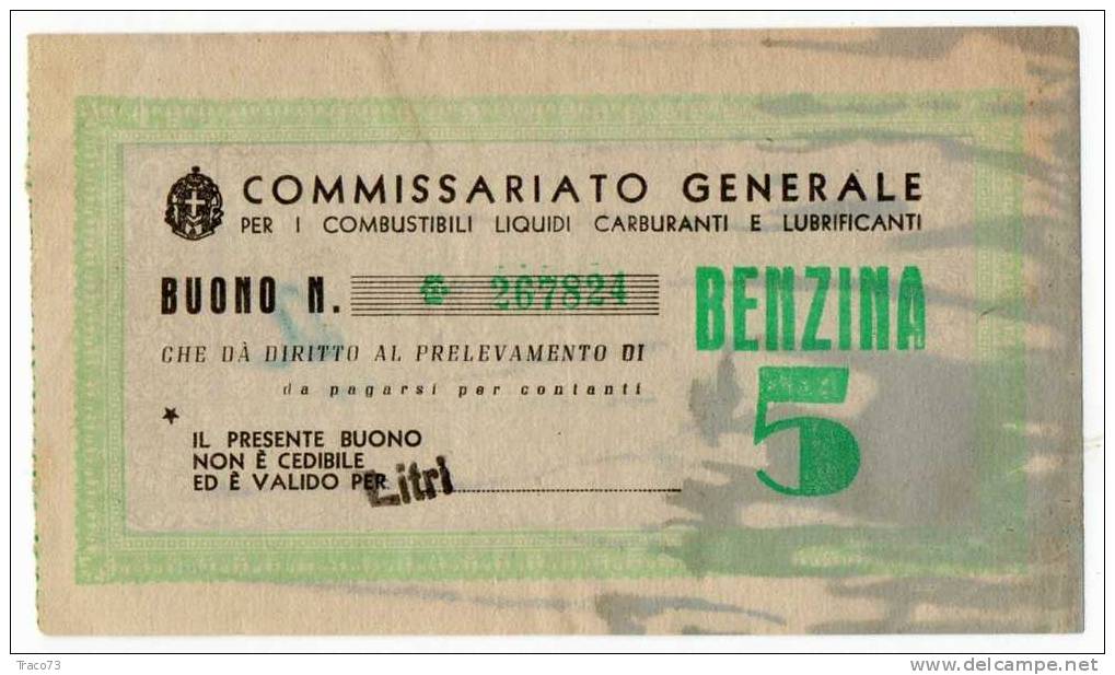 BUONO CARBURANTE DA Litri 5 / Fascista  - Catania  - Giugno 1943 - Otros & Sin Clasificación