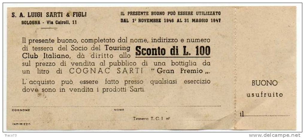 BUONO  SARTI COGNACI   /  Bologna   - 1946 - Sonstige & Ohne Zuordnung