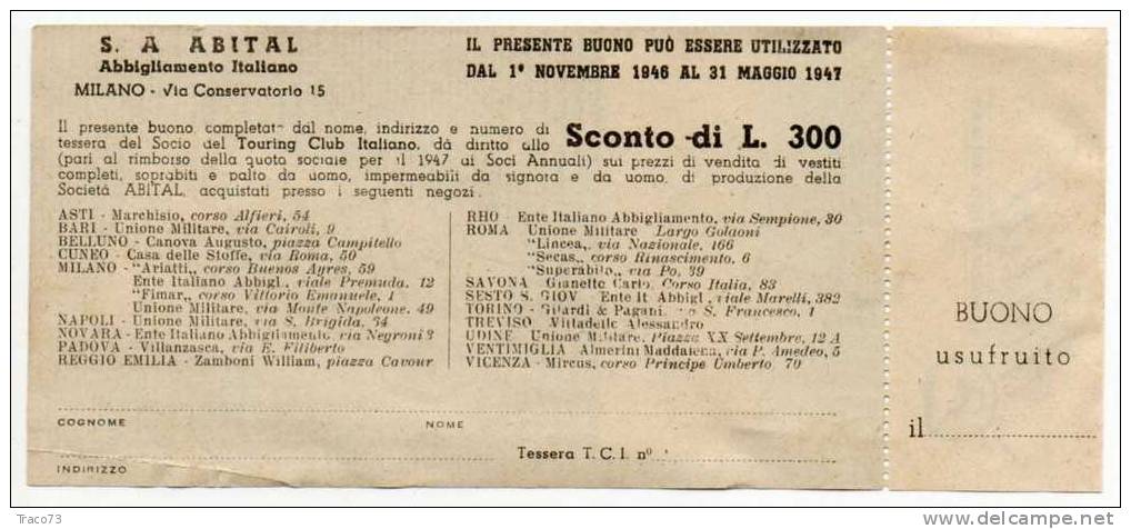 BUONO   Della  Società  ABITAL  -  Abbigliamento Italiano   /  Milano  - 1946 - Autres & Non Classés