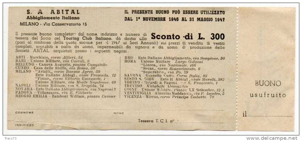 BUONO   Della  Società  ABITAL  -  Abbigliamento Italiano   /  Milano  - 1946 - Otros & Sin Clasificación