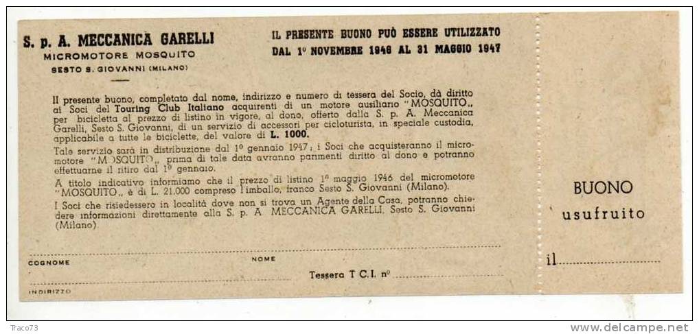 BUONO   Moscquito -   S.p.A.  Meccanica GARELLI    /  Sesto S. Giovanni  - 1946 - Autres & Non Classés