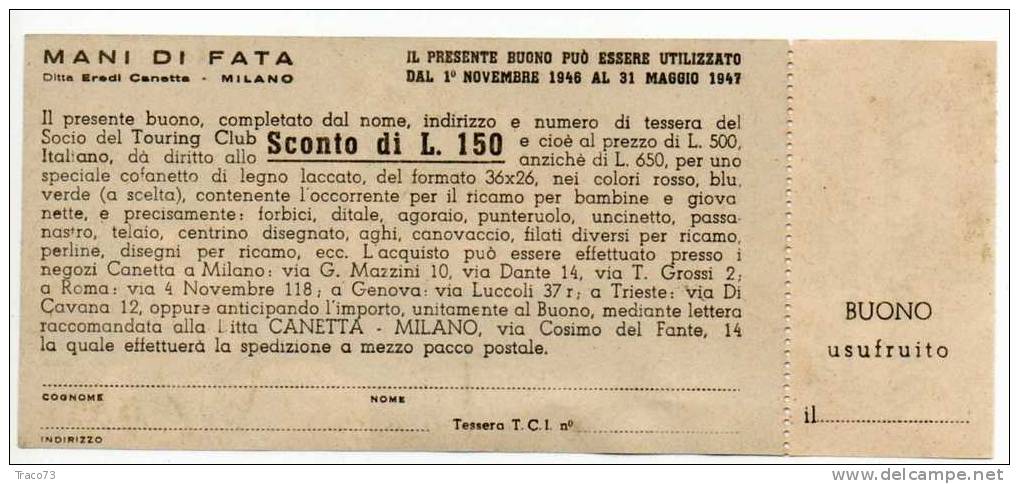 BUONO  MANI DI FATA - Ditta EREDI CANETTA   /  Milano  - 1946 - Other & Unclassified