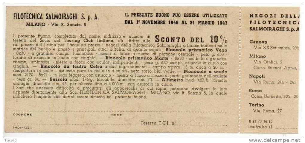 BUONO  Della FILOTECNICA SALMOIRAGHI   /  Milano  - 1946 - Autres & Non Classés