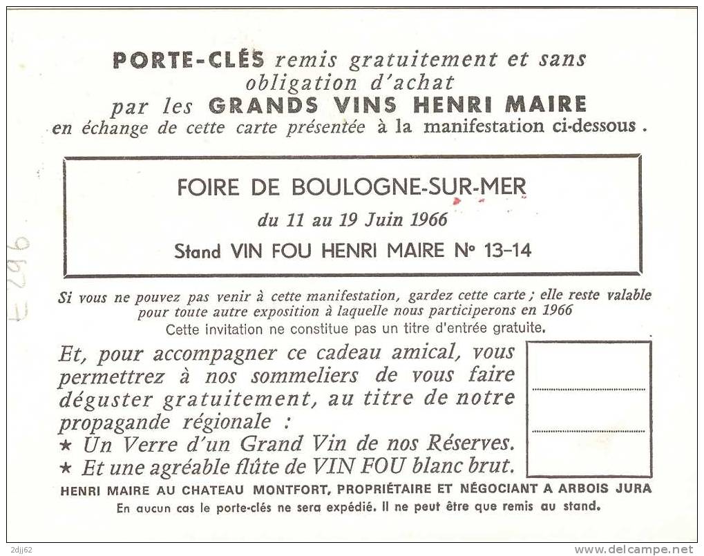 Vin, Arbois, Maire, Boulogne Sur Mer, Foire, Classe Ouverte - Carte Publicitaire, 2 Images  (E296) - Vins & Alcools