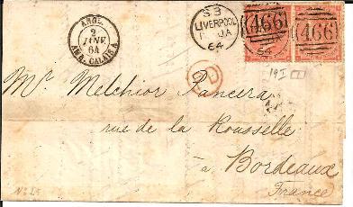 GBV009a/ Mi.Nr.19 I, Paar, 1864 Ex Liverpool  Nach Bordeaux, Frankreich - Covers & Documents