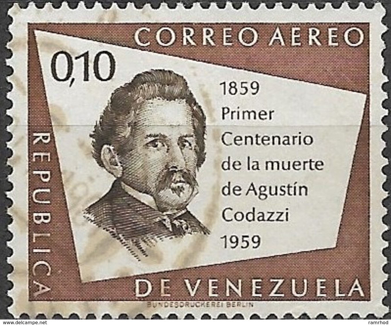 VENEZUELA 1960 Death Centenary Of Codazzi (geographer) - 10c. Sepia And Brown FU - Venezuela