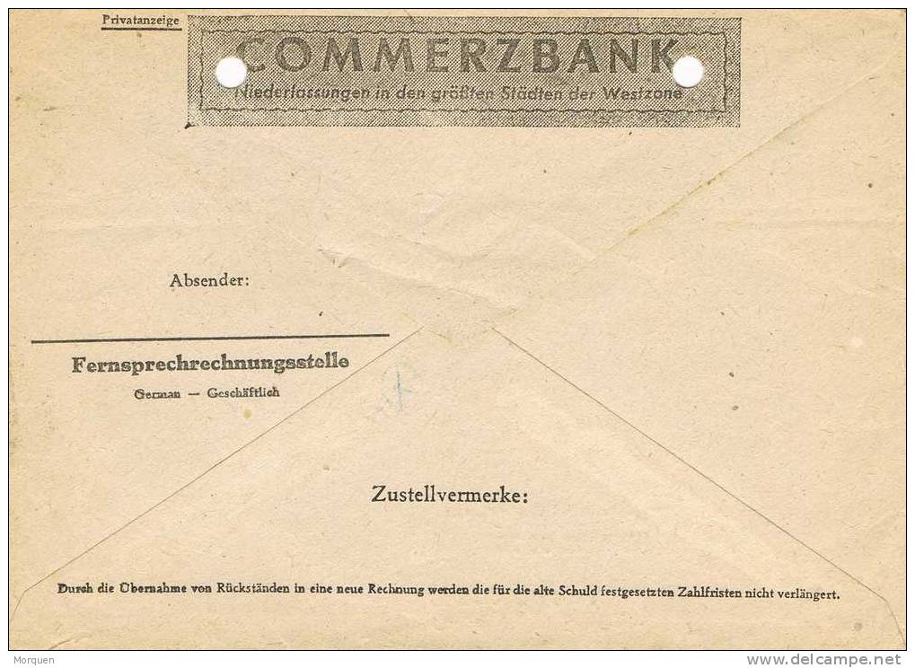 Carta AACHEN 1949 (Alemania). Commerbank. Postsache - Briefe U. Dokumente