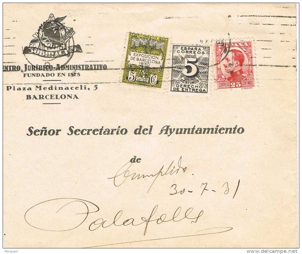 7395. Carta Barcelona 1931. Derecho Entrega Y Recargo Exposicion - Barcelona