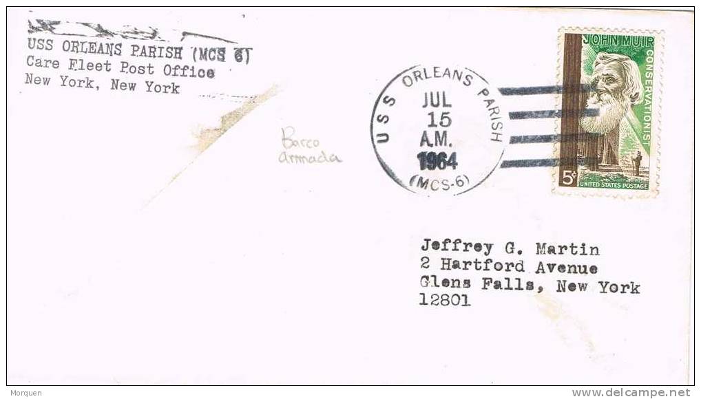 1324. Carta NEW YORK 1964.  Ship USS Orleans Parish (MCS-6) - Brieven En Documenten