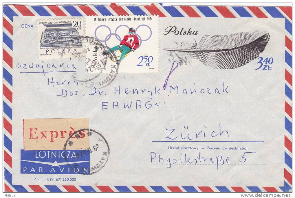 Lettre De Pologne / Polska, Pour Zürich - Exprès - Covers & Documents