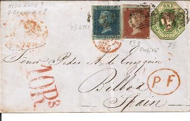 GBV219/ Mi.Nr. 4 IIb, Pl. 4, 7 II, 8 IIA (perf. 16) 3 Farben 1854, Nach Bilbao, Spanien - Lettres & Documents