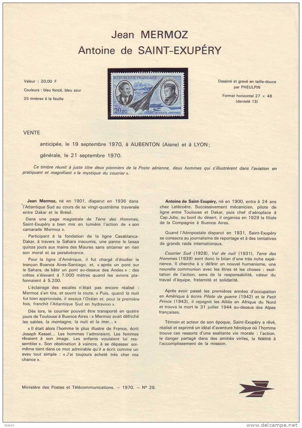 (191-1970) Document Officiel De La Poste Jean Mermoz Antoine De Saint Exupéry (N° 29) - Documents De La Poste