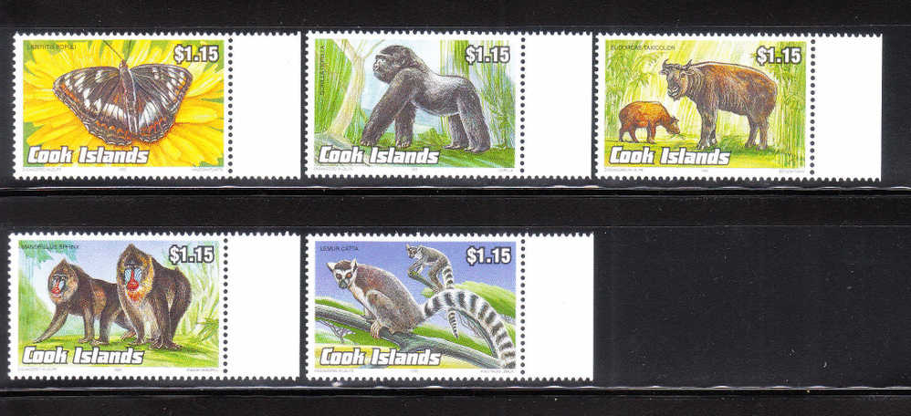 Cook Islands 1993 Endangered Wildlife Butterfly Gorilla Lemur Monkey MNH - Gorilles
