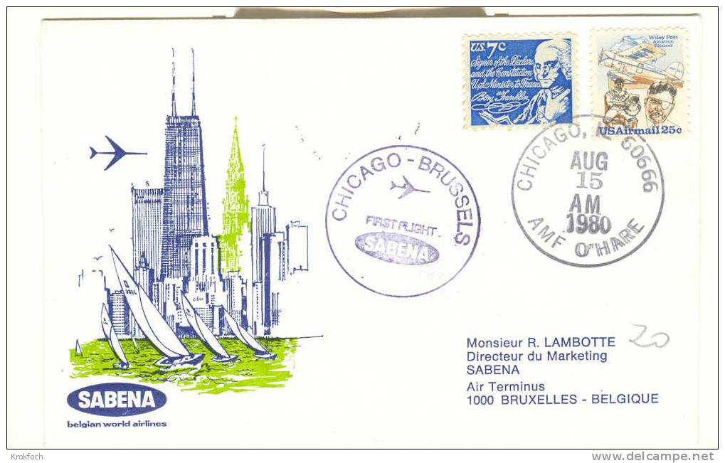 Sabena - 1er Vol  Chicago Bruxelles 1980 USA - Cachet Arrivée Verso - Brieven En Documenten
