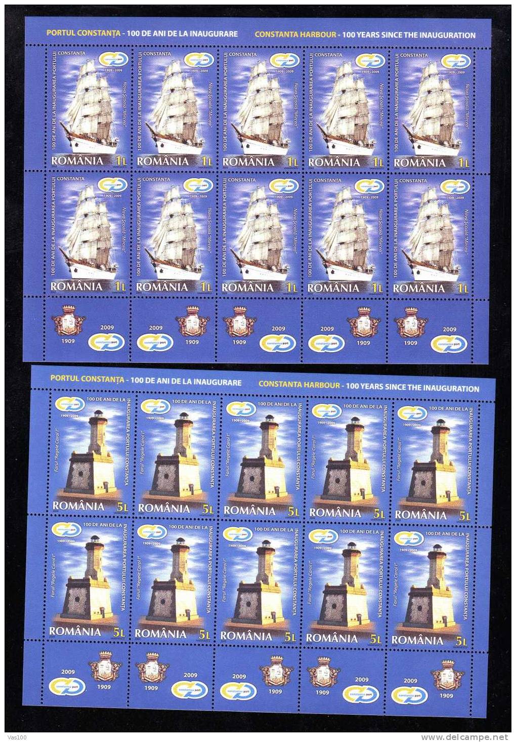 Navigation Lighthouses , Constanta Harbour,1 Minisheet 10 Stamps MNH + Tabs,1909-2009, Phares; King Carol Royalites - Ganze Bögen