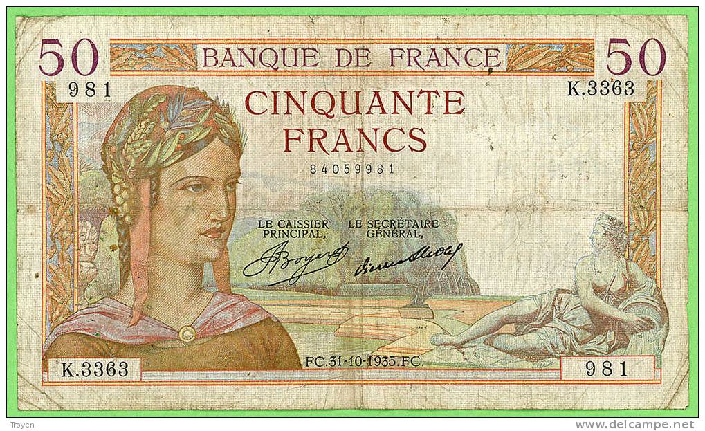 50 Francs - Cérès - Série K.3363 - N° 981 - Controle 84059981 - FC.31-10-1935.FC - TB - 50 F 1934-1940 ''Cérès''