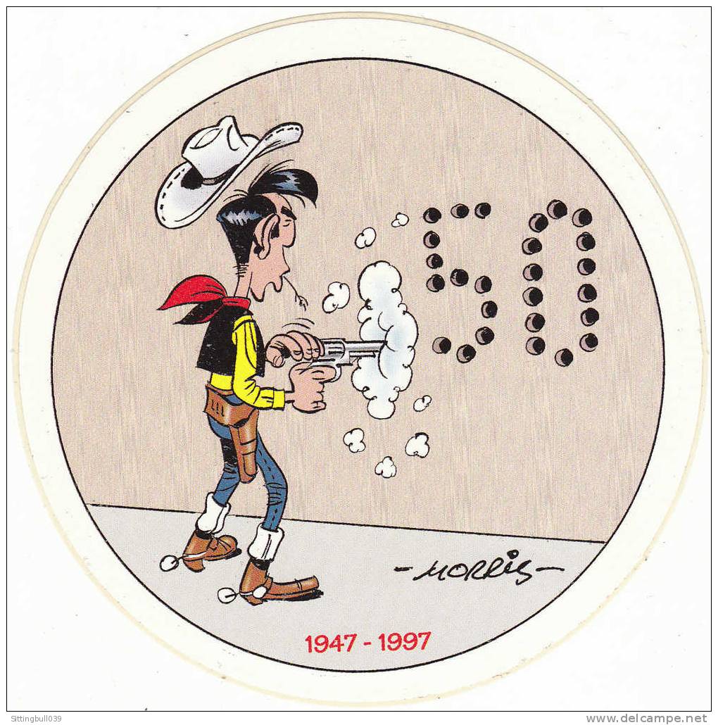 MORRIS. AUTOCOLLANT PUB POUR LES 50 ANS DE LUCKY LUKE. 1947-1997. Offert à ANGOULÊME BD 1997. - Autocollants