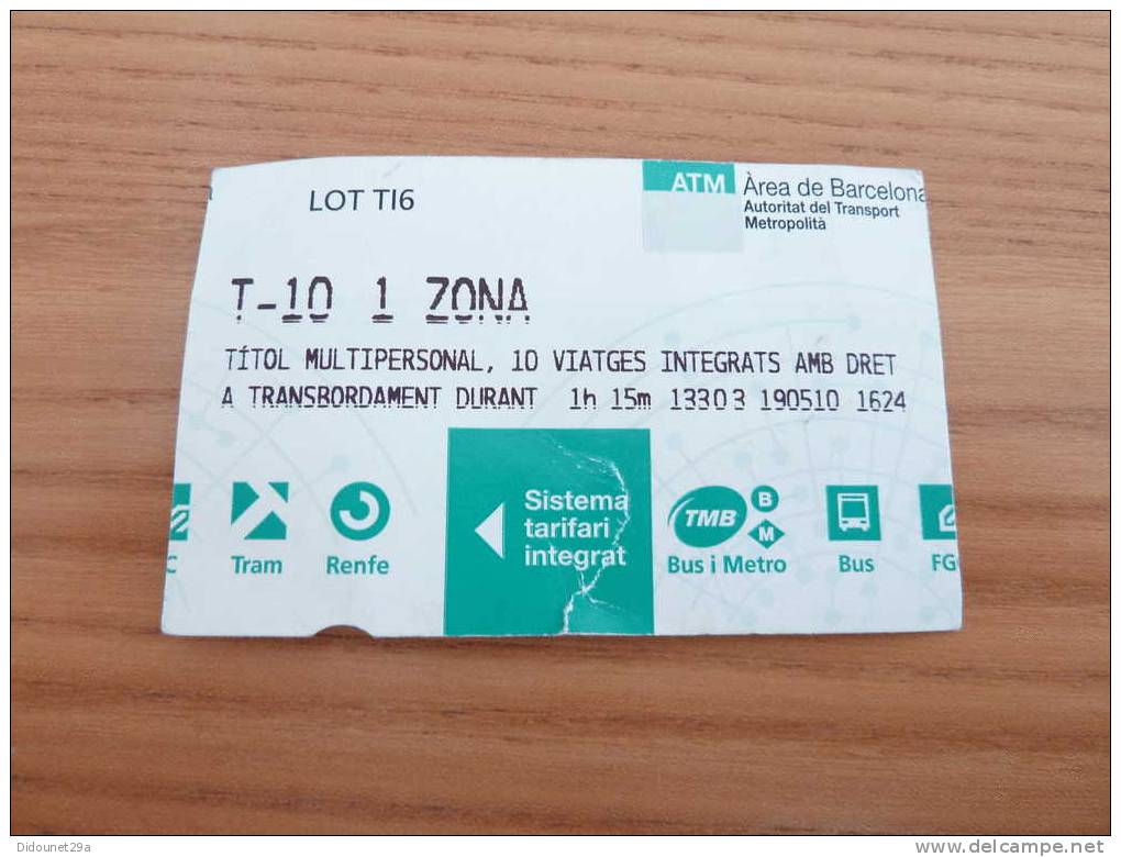 Ticket De Métro T10 1 ZONA, ATM Barcelone (Espagne) (type 1 LOT T16) - Europa
