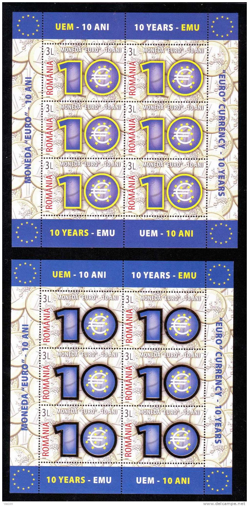 Romania 2009 "EURO" Currency - 10 Years,2 Minisheet 12 Stamps MNH ** + O/p Gold Folio. Extra Price Face Vallue!! - Ganze Bögen