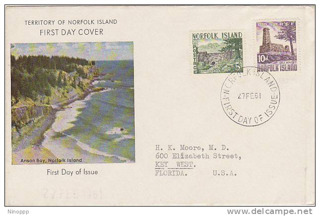 Norfolk Island-Norfolk Island-1961 5sh Bloody Bridge +10p Salt House FDC - Norfolk Island