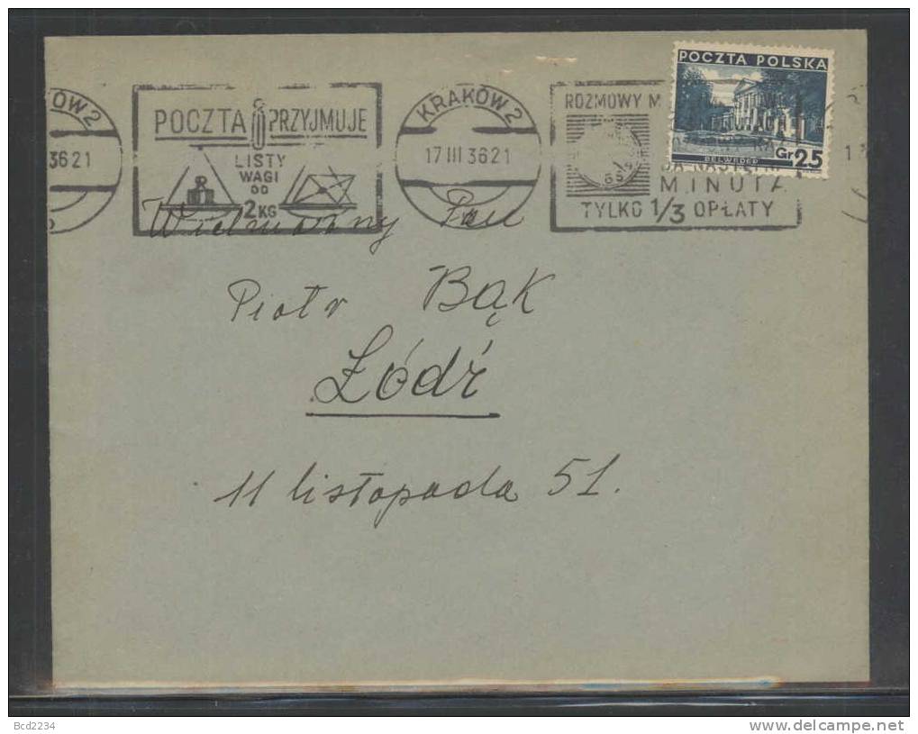 POLAND 1936 POSTALLY USED COVER TO LODZ WITH Fi 284 KRAKOW 2 METER MARKING TELEPHONE CALL COSTS LETTER WEIGHTS 36 103 - Storia Postale