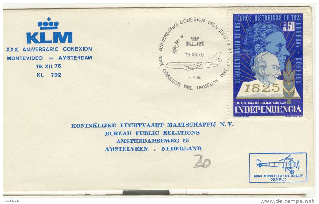 1er Vol Erstflug Eerste Vlucht -  Montevideo Amsterdam 1976  - KLM Uruguay NL - Poststempels/ Marcofilie