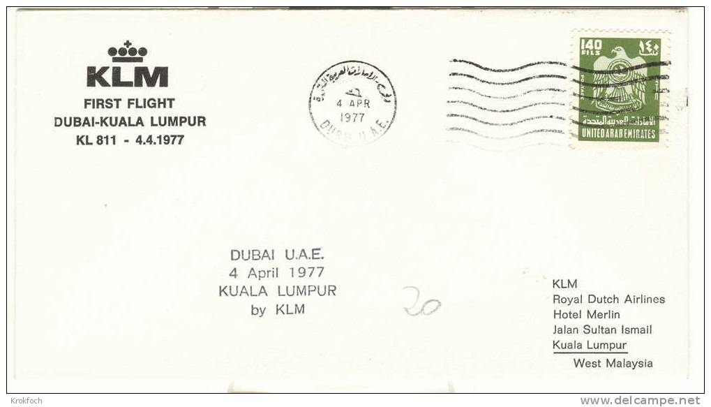 1er Vol Erstflug Eerste Vlucht -  Dubaï Kuala Lumpur 1977 - KLM EAU UAE Malaisie Malaya NL - Poststempels/ Marcofilie