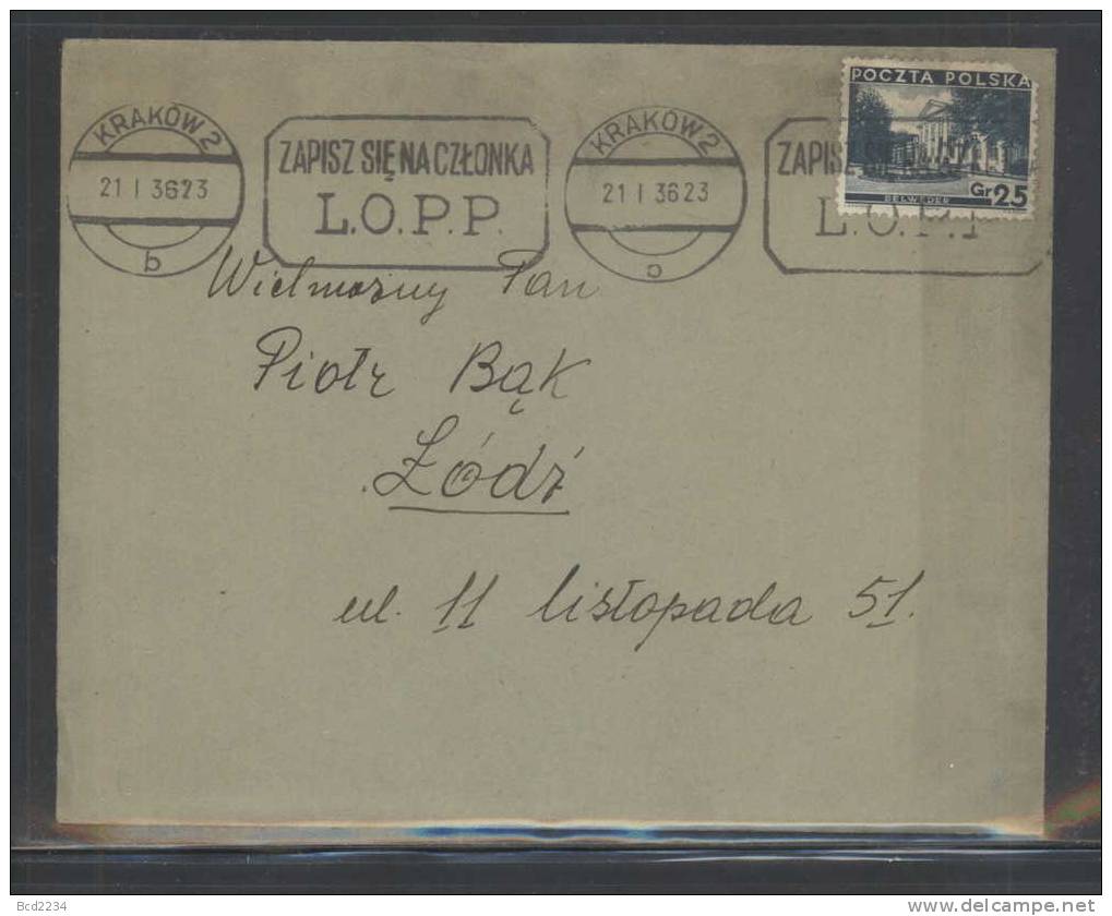 POLAND 1936 POSTALLY USED COVER Fi 284 KRAKOW 2 METER MARKING MYSLICKI 30 117 LOPP SLOGAN AIR ANTI GAS DEFENCE LEAGUE - Briefe U. Dokumente