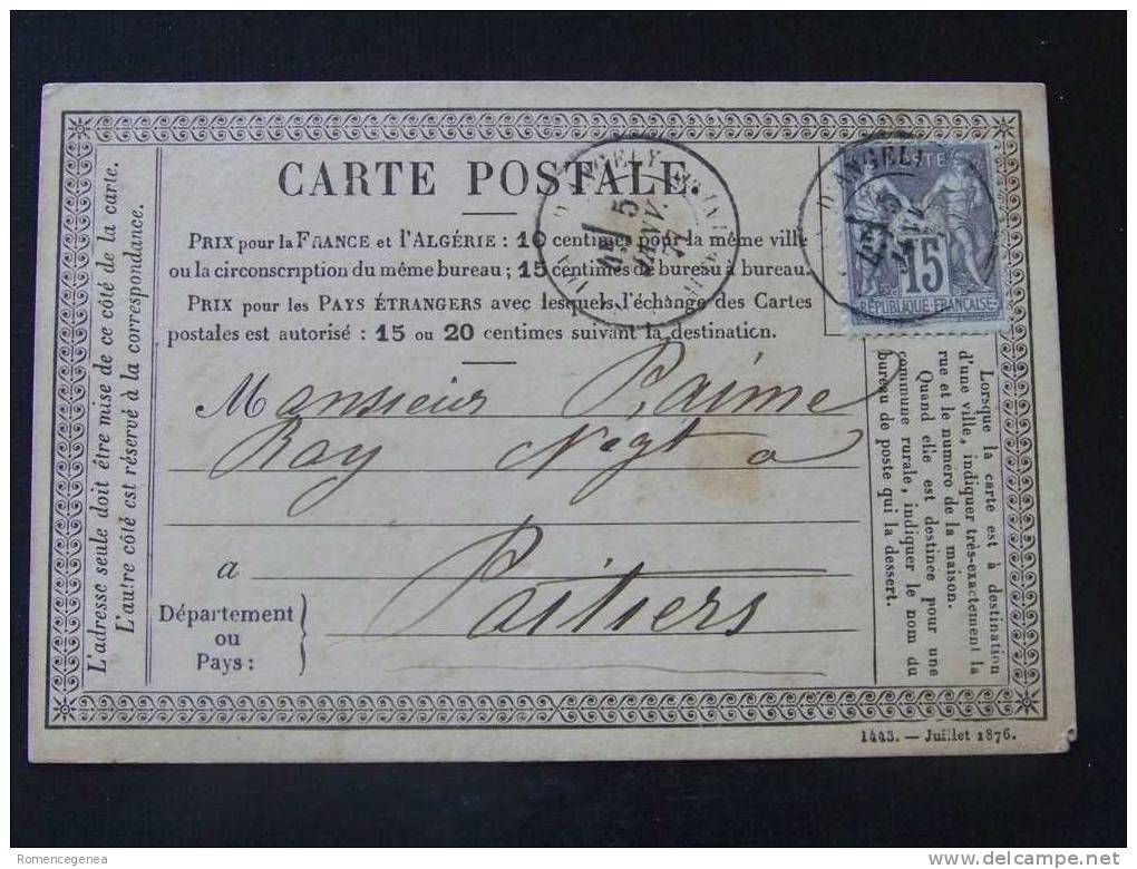 Carte Précurseur - POITIERS (Vienne) - Adressée De SAINT-JEAN-D´ANGELY (Charente-Mme) - Type Sage - 5 Janvier 1877 - Vorläufer