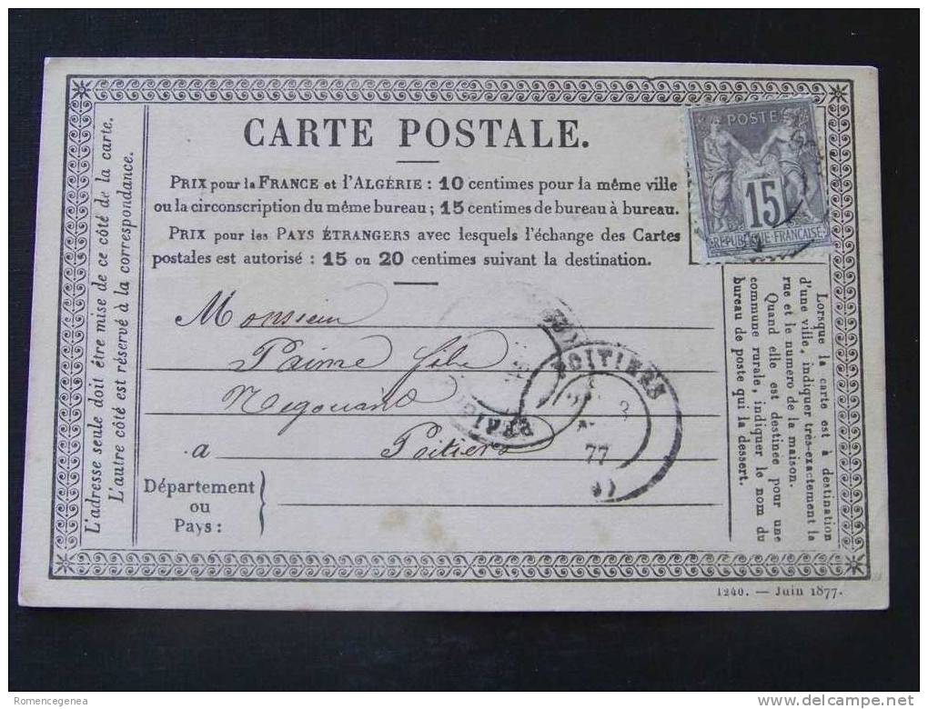 Carte Précurseur - POITIERS (VIENNE) - Adressée De PERIGUEUX (Dordogne) - Type Sage - 2 Novembre 1877 - Voorloper Kaarten