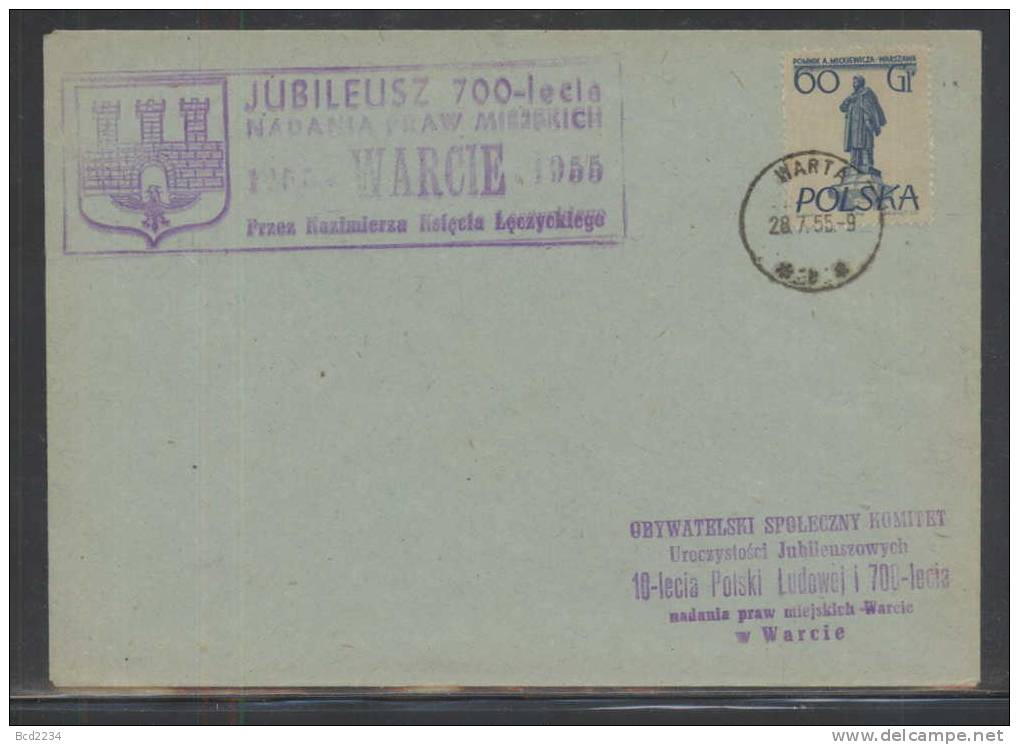 POLAND 1955 (6 JULY) (WARSZAWA 2) POSTALLY  USED COVER WITH 700TH ANNIV OF WARTA SLOGAN (MYSLICKI 55 203) - Covers & Documents