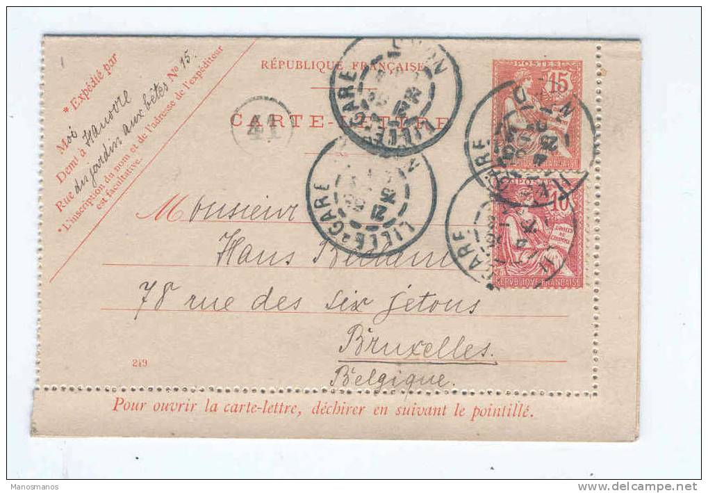 585/15 - Entier Carte-Lettre Mouchon 15 C  + TP 10 C Dito LILLE GARE NORD 1903 Vers BRUXELLES Belgique - Cartes-lettres