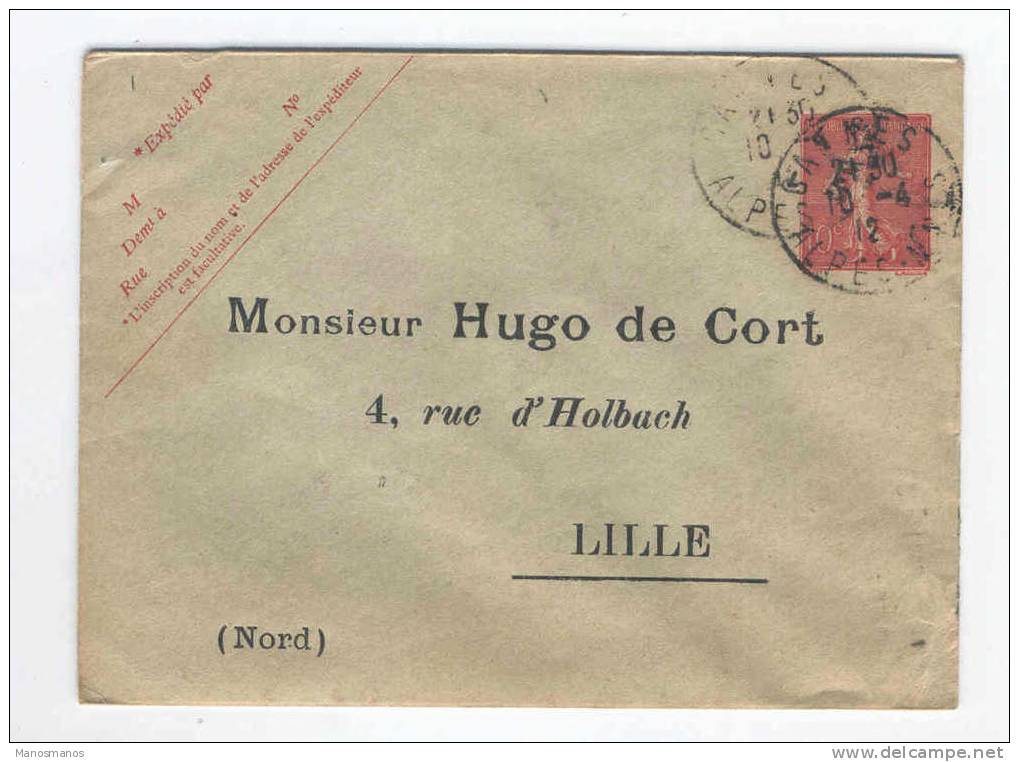 593/15 - Entier Enveloppe Semeuse Lignée 10 C - Repiquage Hugo De Cort CANNES 1912 Vers LILLE - Umschläge Mit Aufdruck (vor 1995)