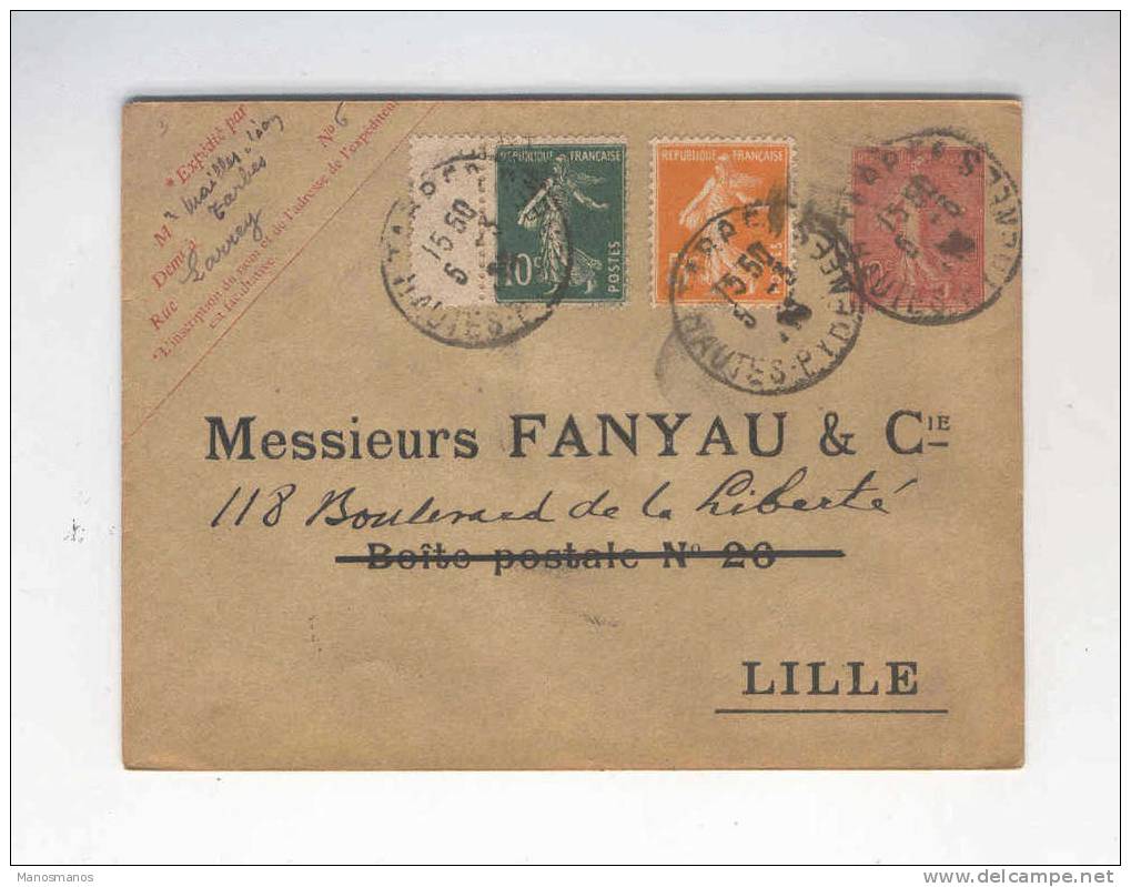 594/15 - Entier Enveloppe Semeuse Lignée 10 C + TP Semeuses - Repiquage Fanyau § Cie TARBES 1923 Vers LILLE - Overprinted Covers (before 1995)