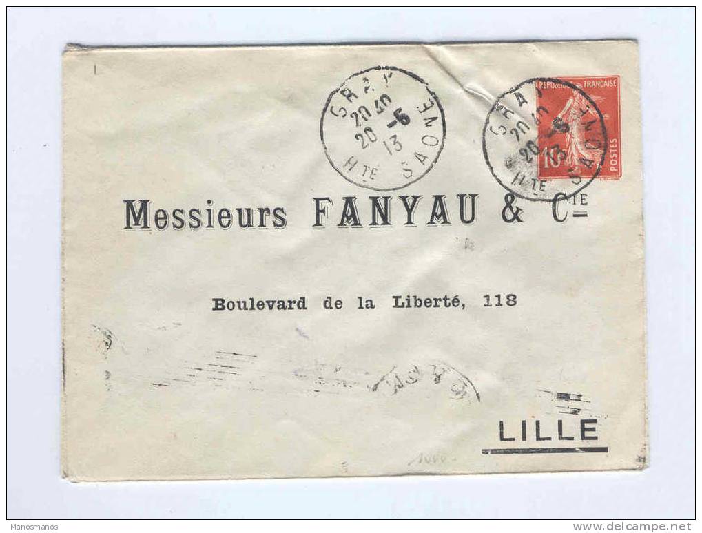 596/15 - Entier Enveloppe Semeuse Camée 10 C - Repiquage Fanyau § Cie GRAY Haute Saone 1913 Vers LILLE - Sobres Transplantados (antes 1995)